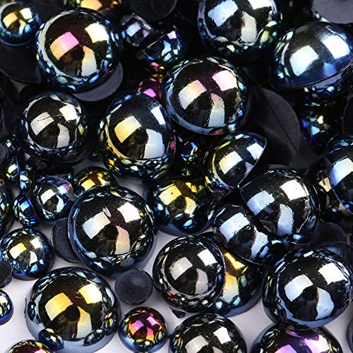 Dowarm 1000 Pieces Flatback Half Pearls, Mixed Size 4/6/8/10/12/14mm Flat Back Round Half Pearls Beads for Crafts Jewelry, Loose Beads Gem (Jet Black AB)