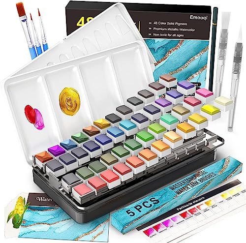 Emooqi Watercolor Paint Set, 48 Colors with 6 Metallic Colors,Hook Line Pens,Water Brushes and Water Color Papers for Artists and Beginners,Art Supplies for Painting and Watercolor Techniques.
