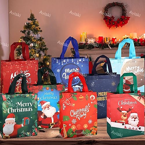 Aviski 8PCS Christmas Gift Bags,Christmas Tote Bags with Handles, Christmas Treat Bags, Multifunctional Non-Woven Christmas Bags for Gifts Wrapping Shopping, Xmas Party Supplies, 12.2×9.8×4.5inch