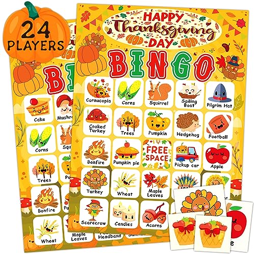 24 Players Thanksgiving Bingo Cards, Thanksgiving Bingo Game for Kids with Punny Stickers Fall Festival Bingo Sets Classroom Family Party Game Holiday Activities