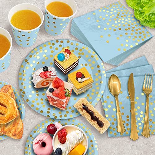 350PCS Blue and Gold Party Decorations 50 Guests Blue Paper Plates Plastic Forks Knives Spoons & Golden Dot Blue Party Plates Napkins Cups for 2023 Graduation Decorations Baby Shower Boy Birthday