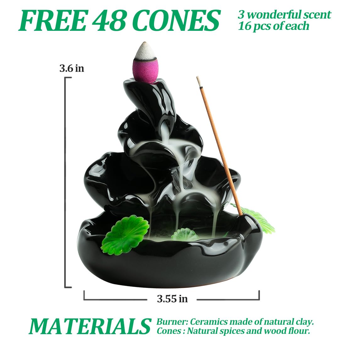 VVMONE Cute Ceramic Backflow Incense Holder Waterfall Incense Burner with 48 Incense Cones and 30 Incense Stick, Incense Fountain for Home Decor, Desk Decor(Black)