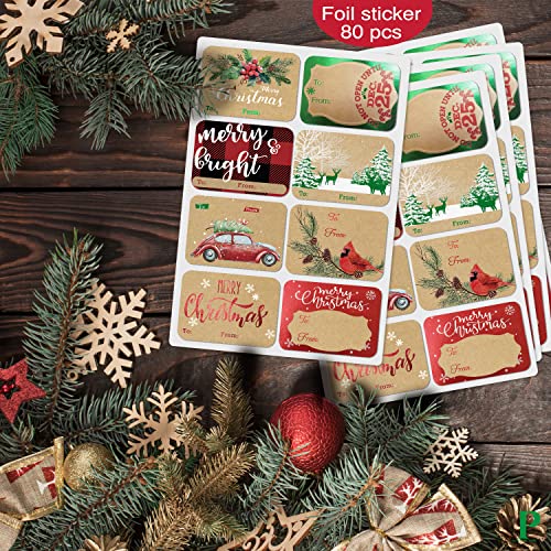 80-Count Foil Kraft Christmas Tags Sticker，8 Jumbo Designs - Xmas to from Christmas Stickers Name Tags Write On Labels - Holiday Present Labels