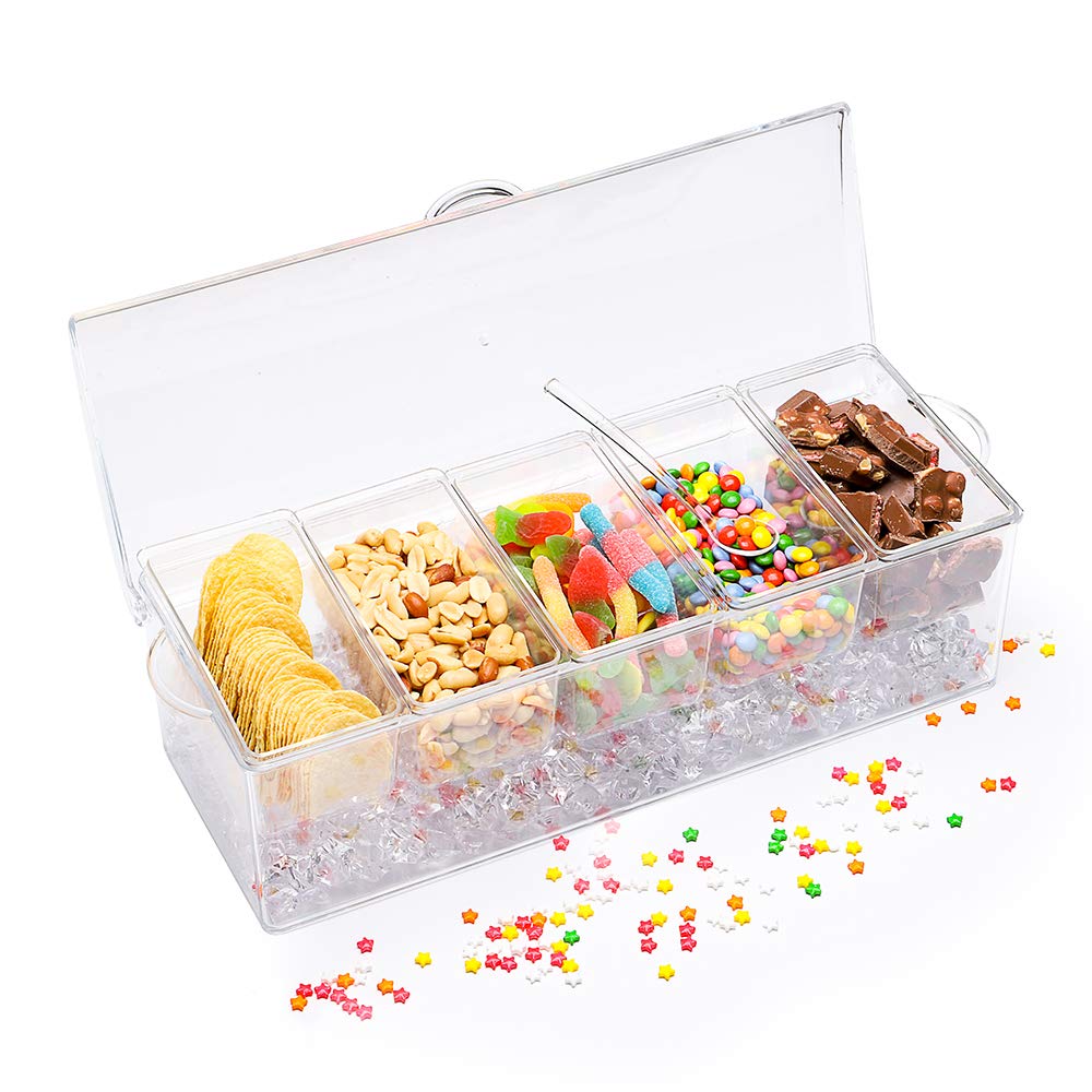 MJM Condiment Server, Tray, ice Party Serving bar, Chilled Caddy, bar Garnish Holder on ice, Dispenser, Salad Platter, Compartment Tray with lid
