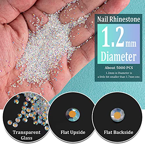5000PCs 1.2mm Mini AB Glass Crystals for Nail Art Manicure Iridescent Long Lasting Like Swarovski Shine Rhinestone Bead Gem Jewelry Diamond by BELLEBOOST