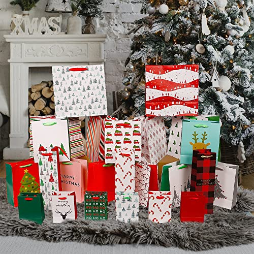 Lulu Home Christmas Wrapping Bags, 24 Packs Assorted Size Art Paper Gift Bags Set with Handles, Xmas Large Medium Small Bottle Bags for Holiday Birthday Present Packaging