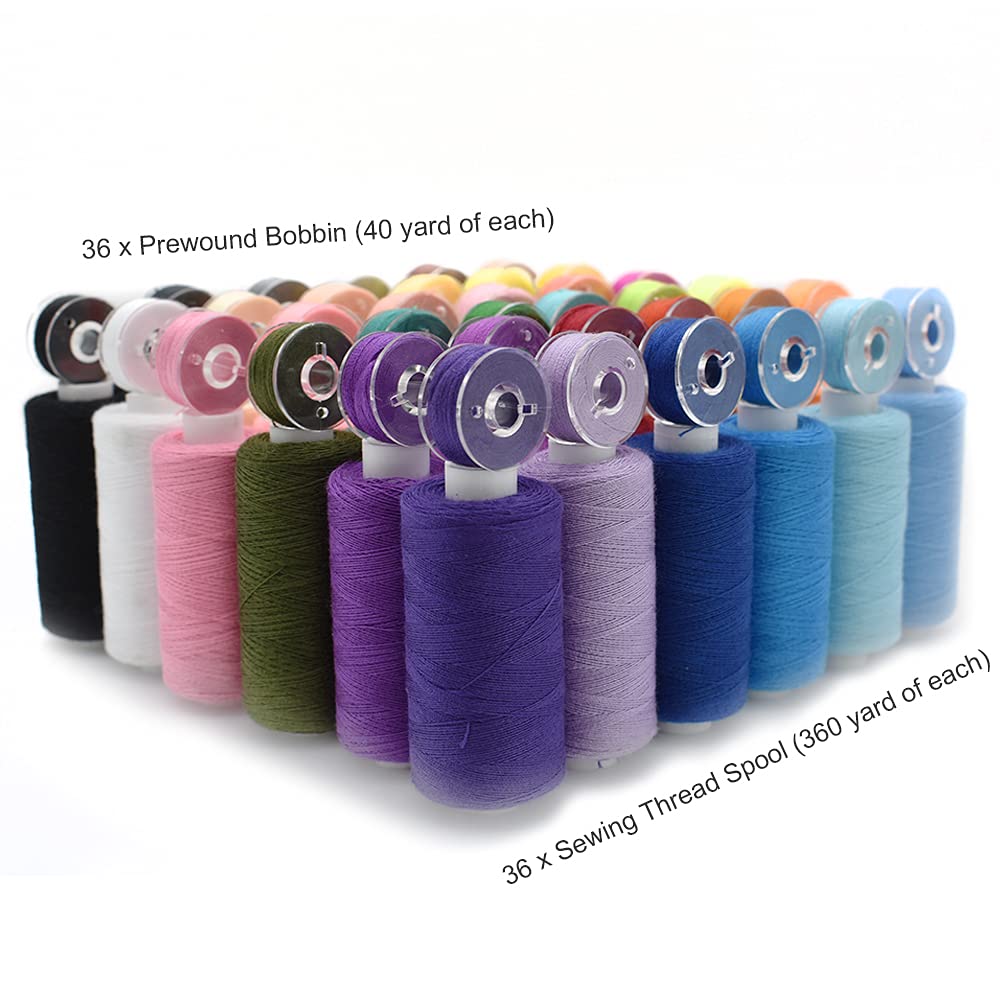 72Pcs Bobbins Sewing Threads Kit, 36 Colors Spools 360Yards per Polyester Thread, 36 Colors Prewound Bobbin with Case for Hand Machine Sewing