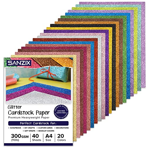 SANZIX Heavyweight Glitter Cardstock Paper, 40 Sheets - 20 Colors - 110lb. 300 GSM -A4 Glitter Paper Cardstock for Cricut, Scrapbook, DIY Crafts, Decor, Gift Wraps, Booklet Covers, Custom Cards