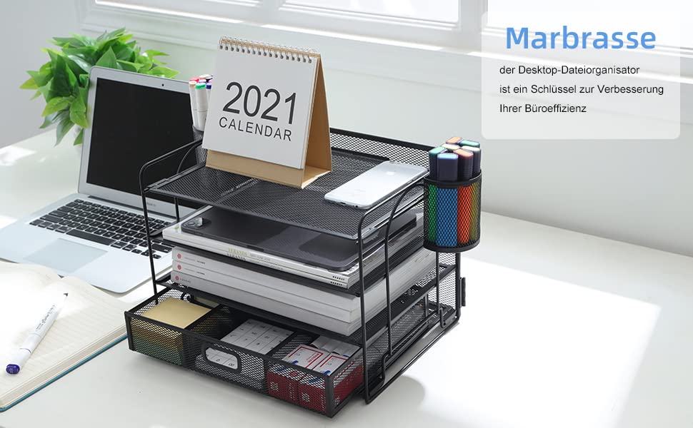 Marbrasse Mesh Desk Organiser Tray, 4 Tier Paper Letter Tray Organiser with Drawer and Pen Holder, Mesh Desktop Organizer Storage for Office Supplies (Black)