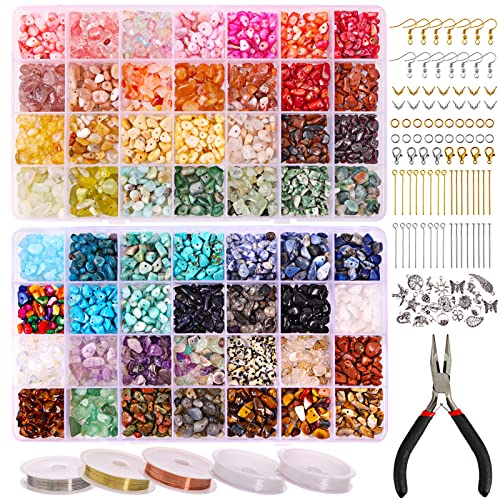 Quefe 1800pcs 56 Colors Crystal Beads, Ring Making Kit, Gemstone Chip Beads Irregular Natural Stone with Jewelry Making Supplies for DIY Craft Bracelet Necklace Earrings, Craft Gifts
