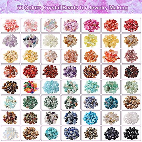 Quefe 1800pcs 56 Colors Crystal Beads, Ring Making Kit, Gemstone Chip Beads Irregular Natural Stone with Jewelry Making Supplies for DIY Craft Bracelet Necklace Earrings, Craft Gifts