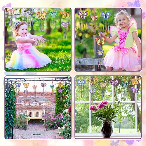 Fennoral 8 Pack 3D Butterfly Wind Chime Kit for Kids Make Your Own Butterfly Wind Chime Wooden Arts and Crafts for Kids Ornaments DIY to Paint Butterfly Craft for Spring Art Activity Birthday Party