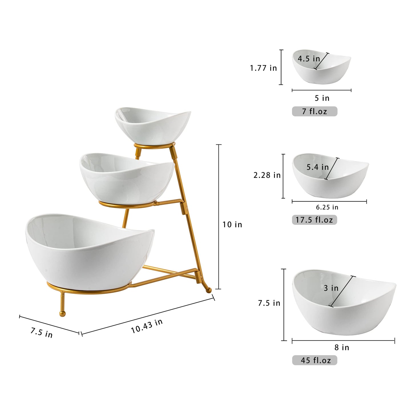 Gomakren 3 Tiered Oval Serving Bowl With Collapsible Metal Rack, Dessert Appetizer, Candy Chip Dip, Fruit, Vegetable Bowl Set, White Serving Dishes For Entertaining(Gold Stand)