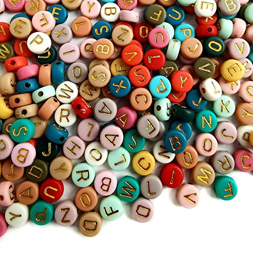 Amaney 1000pcs 4x7mm Round Letter Beads Colorful Acrylic with Gold Letter Alphabet for Jewelry Making