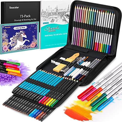 Soucolor 73 Art Supplies for Adults Kids, Art Kit Drawing Supplies Sketching Pencils Coloring Set with Sketchbook, Coloring Book, Charcoal Metallic Graphite for Shading Blending, Gifts for Teen Girls