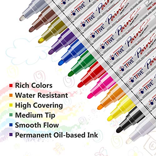 Paint Pens Paint Markers Never Fade Quick Dry and Permanent, 12 Color Oil-Based Waterproof Paint Marker Pen Set for Rock Painting, Ceramic, Wood, Fabric, Plastic, Canvas, Glass, Mugs, DIY - TF001