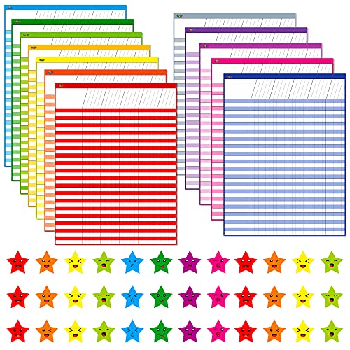 12 Pack Multi-Color Dry Erase Incentive Chart/Chore/Responsibility/School Attendance/Homework Progress Tracking Chart with 2112 Reward Star Stickers, (17" x 22.5")