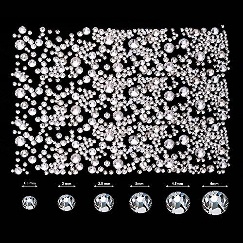 2000 Pieces Flat Back Gems Rhinestones 6 Sizes (1.5-6 Mm) Round Crystal Rhinestones with Pick up Tweezer and Rhinestones Picking Pen for Crafts Nail Clothes Shoes Bags DIY Art (Clear)