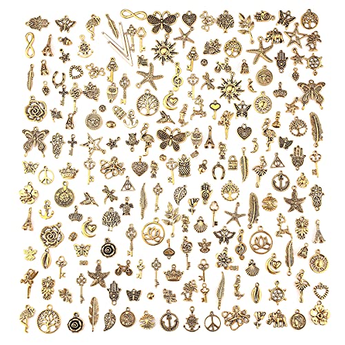 JIALEEY 200Pcs Tibetan Antique Gold Charm Mixed Pendants DIY for Bracelet Necklace Jewelry Making and Crafting
