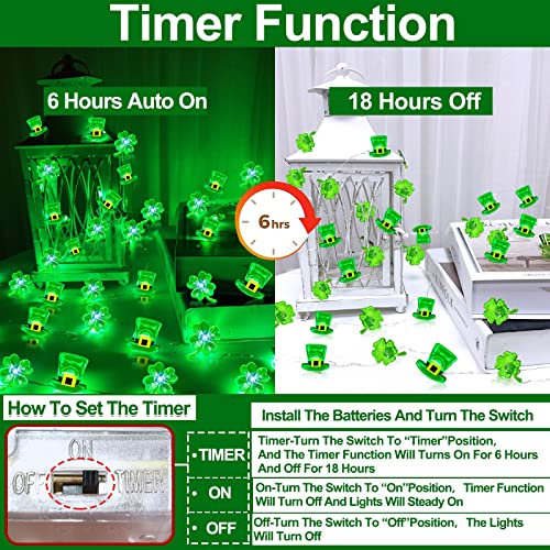 [ Timer ] Shamrocks Leprechaun Hat Lights St. Patrick's Day Decorations 10Ft 40LED Green Lucky Clover Fairy String Lights Battery Power Irish St.Patrick's Decoration Indoor Outdoor Home(Hat Shamrocks)