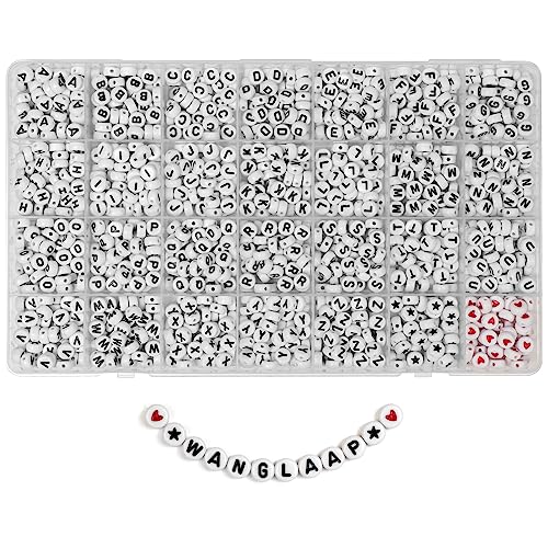 WangLaap 1450Pcs Letter Beads, Acrylic 4x7mm Round Letter Beads Kits, Alphabet Beads A-Z and Red Heart Black Star Beads for Bracelets Necklaces DIY Jewelry Making (White)