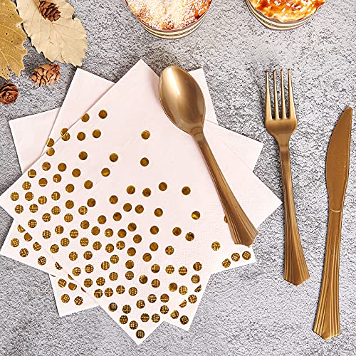 210 Piece Golden Dot Disposable Party Dinnerware Set 30 Guest -Pink Paper Plates Napkins Cups,Gold Plastic Forks Knives Spoons,FOCUSLINE Pink and Gold Party Supplies for Graduation Birthday Wedding