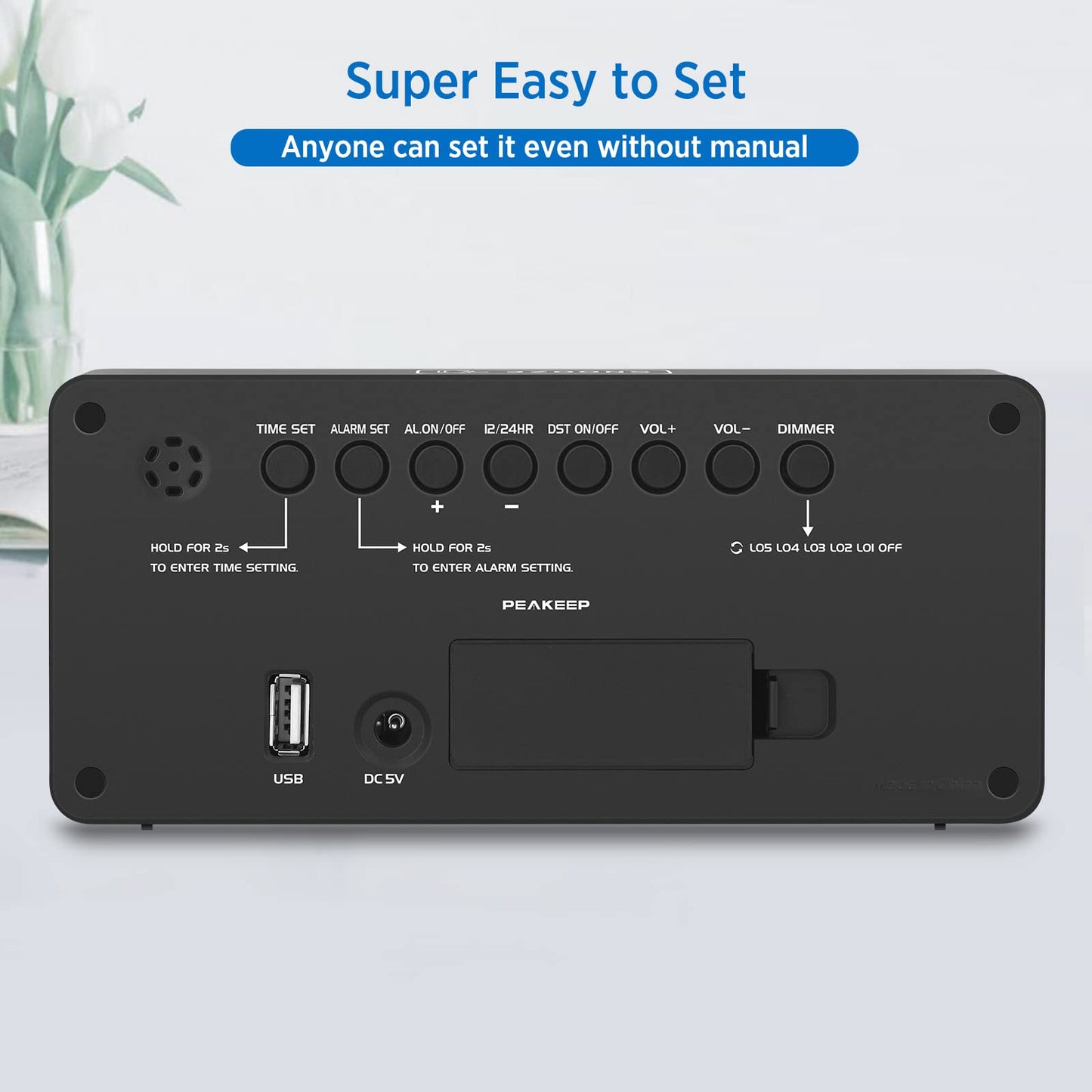 Peakeep Digital Clock, Alarm Clock for Bedrooms - Large Big Numbers 5 Dimmers for Seniors, Battery Backup Loud Alarm Clock with USB Charger Port (Blue Digit)