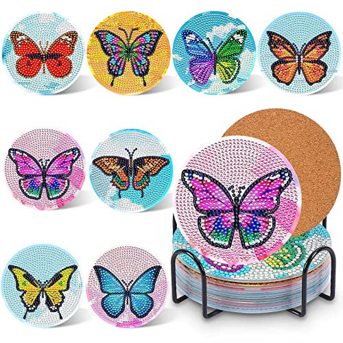 UPINS 8Pcs Diamond Painting Coasters for Drinks DIY Life Coaster Diamond Art Kits for Adults Kids Beginners Diamond Art Craft Supplies (Butterfly)