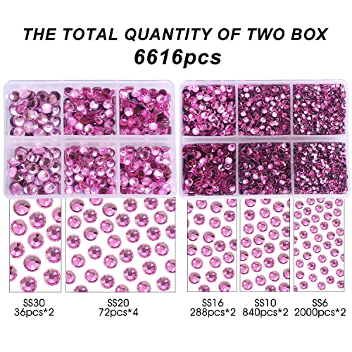 Meibite 6616PCS Hot Pink Hotfix Rhinestones Crystal Gems Glass for Tumblers Clothes Shirts Glitter Flat Back Round with Tweezers and Picking Pen (SS6~SS30)