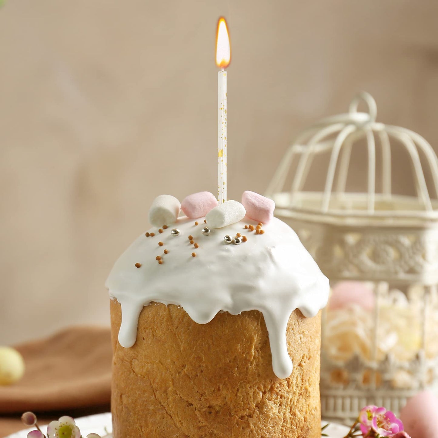 Threlaco 24 Pieces Birthday Candles Long Thin Cake Candle Cupcake Candles for Birthday Wedding Anniversary Graduation Retirement Party Decoration (White Gold)