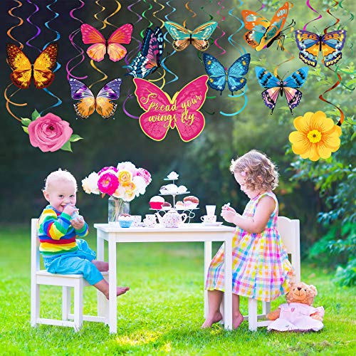 30 Pcs Butterfly Flowers Hanging Swirl Decorations Summer Butterfly Floral Baby Shower Foil Ceiling Streamers for Women Girl Kids Wedding Birthday Mother's Day 1st Birthday Party Supplies (Elegant)