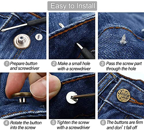 32 Sets Jeans Buttons Replacement, 17 mm and 20mm No-Sew Removable Metal Buttons Replacement Repair Combo Thread Rivets and Screwdrivers in Storage Box, Women and Men's Jeans Clothing Supplies