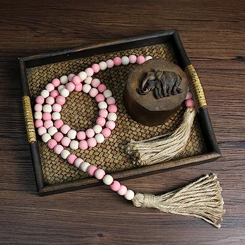 CVHOMEDECO. Wood Beads Garland with Tassels Farmhouse Rustic Wooden Prayer Bead String Wall Hanging Accent for Home Festival Decor. Pink Mix Distressed