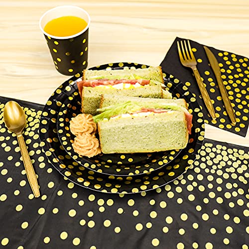 176 Pieces Gold Disposable Party Dinnerware Set &Golden Dot Disposable Party Dinnerware - Black Paper Plates Napkins Cups, Gold Plastic Forks Knives Spoons