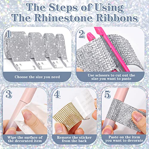 8 Rolls Rhinestone Ribbons,Cludoo 8 Yard Silver Self Adhesive Rhinestone Ribbon, Bling Crystal Diamond Ribbon Roll Wrap Glittering Rhinestones Sticker for Decoration Car DIY Arts Crafts Wedding