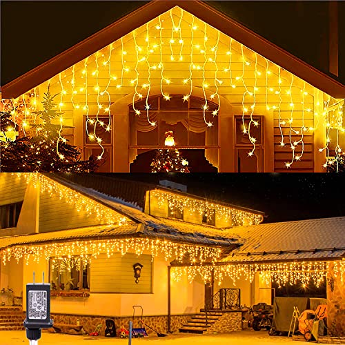 Blingstar Icicle Lights Christmas Lights Outdoor 49.2Ft 440 LED Extendable Dripping Lights 8 Mode Warm White Icecycle String Lights Cascade for Indoor Outside Xmas Holiday House Decor, Clear Wire
