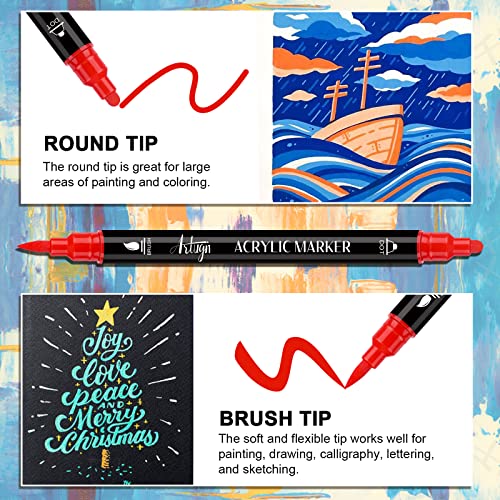 36 Colors Acrylic Paint Pens, Dual Tip Pens With Medium Brush Tip, Paint Markers for Rock Painting, Ceramic, Wood, Plastic, Calligraphy, Scrapbooking, Brush Lettering, Card Making, DIY Crafts