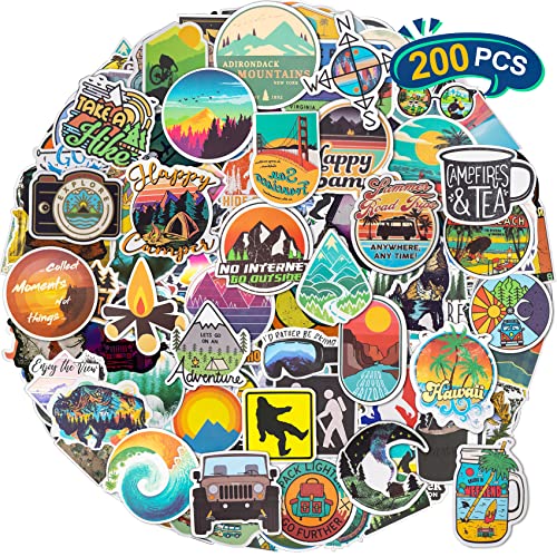 Funxee 200Pcs Waterproof Vinyl Stickers - Personalize Belongings Decal with Outdoor, Nature, Adventure, National Park, Hiking, Camping, and Travel Themes, Decor Idea for Water Bottles, Laptops, Phone
