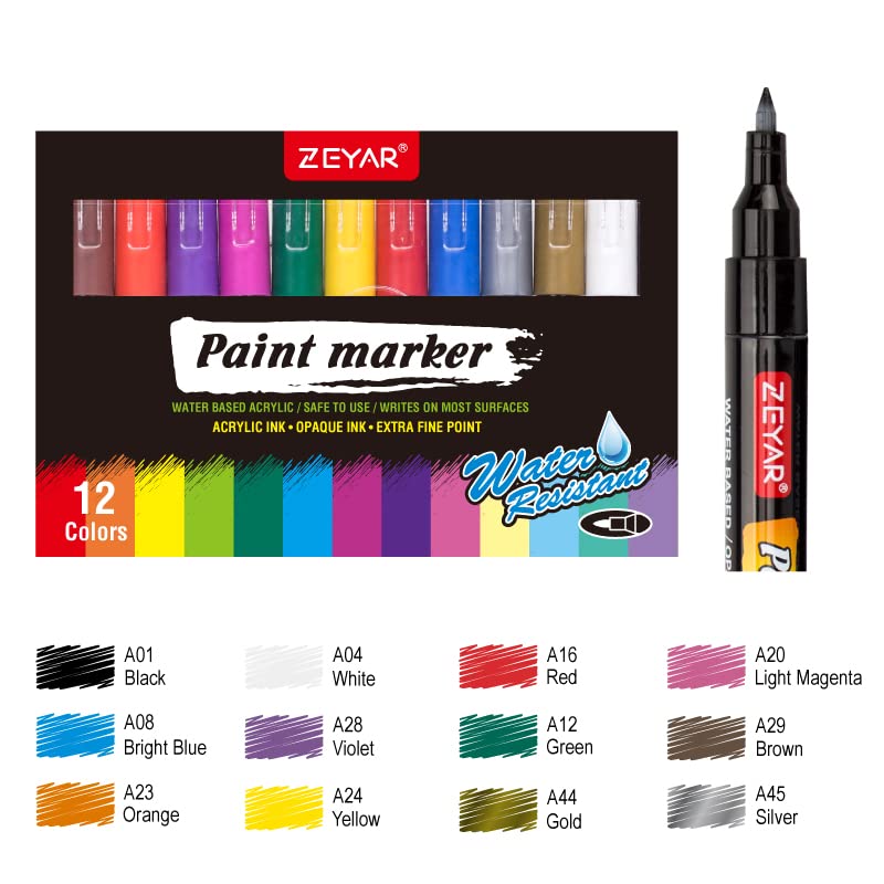 ZEYAR Acrylic Paint Marker Pens, Extra Fine Point, Nylon Tip, 12 colors, Water based, Expert of rock painting, Water and Fade Resistant, Non-toxic