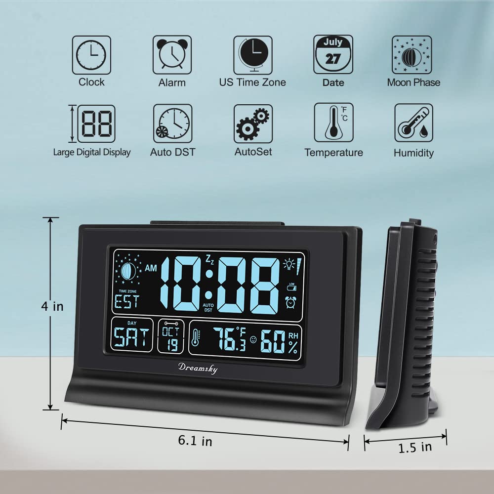 DreamSky Digital Alarm Clock with Large Display, Temperature & Humidity, 6 Level Brightness, USB Charging, Battery Backup, Black