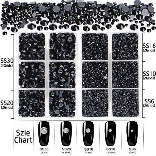 LPBeads 6400 Pieces Hotfix Rhinestones Black Flat Back 5 Mixed Sizes Crystal Round Glass Gems with Tweezers and Picking Rhinestones Pen