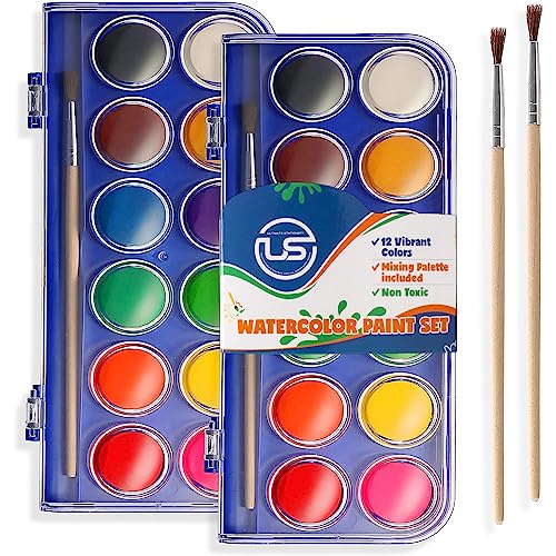 2 Pack Watercolor Paint Set 12 Vivid Colors Includes Watercolour Mixing Palette and 1 Brushe, Perfect For Artists, Beginner Painters, Kids and Adult Painting
