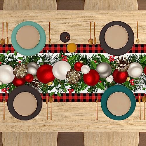 Linen Red and Black Buffalo Check Plaid Christmas Table Runner 72 Inches Long Seasonal Winter Christmas Xmas Holiday Farmhouse Style Table Decoration