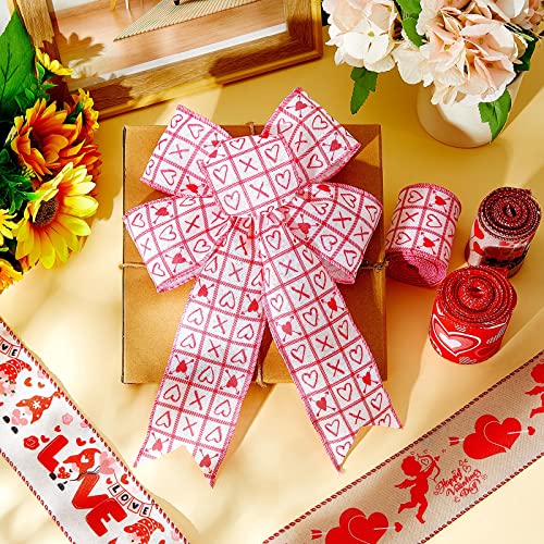 30 Yards Love Heart Ribbons Heart Pattern Wired Edge Ribbon Happy Valentine's Day Ribbons for Gift Wrap DIY Crafts Wedding Birthday Valentine's Day Party Decoration, 6 Rolls 2.5 Inch