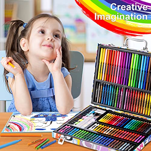 POPYOLA Art Supplies, 180 Piece Drawing Painting Art Kit with Clipboard and Coloring Papers, Gifts Art Set Case with Oil Pastels, Crayons, Colored Pencils, Watercolor Cakes