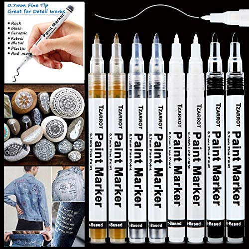 White Paint Pen, 8 Pack 0.7mm Acrylic Paint Pens with 2 White 2 Black 2 Gold 2 Silver Paint Pen Permanent Marker for Wood Rock Fabric Metal Plastic Ceramic Acrylic Paint Markers Extra Fine Tip