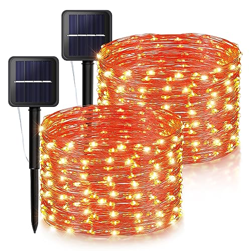 Ｗoohaha Solar Halloween Lights Outdoor,2 Pack Each 33Ft 100LED Orange Halloween Lights,Copper Wire Solar Powered Fairy String Lights 8 Modes for Garden,Tree,Thanksgiving,Christmas,Parties,Home Decor