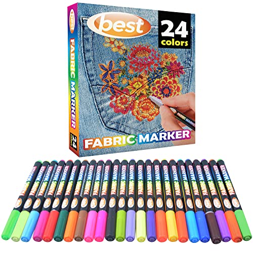 Best Fabric Markers (Pack of 24 Pens) Non-Toxic - Set of 24 Individual Colors - No Duplicates - Bullet Tip - Machine Washable Paint - Perfect for Writing on Clothes, Clothing, Jeans, Pants, and Shirts