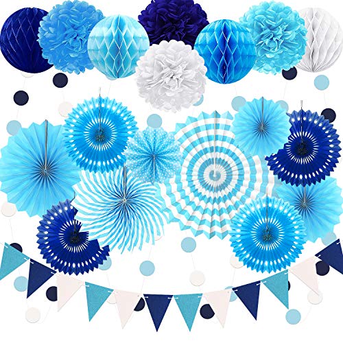 Navy Blue Party Decoration,23Pcs Hanging Paper Fans,Pom Poms Flowers,Garland String Polka Dot and Triangle Bunting Flag Packs for Boy Birthday, Bridal Shower,Baby Boy Showers,Wedding
