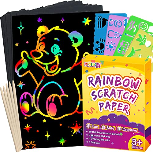 pigipigi Art Crafts Set for Kids: 60 Pcs Rainbow Scratch Paper Art Supplies Kit Scratch Pads Drawing Project for Girls Boys 3-12 Year Old Party Favor Easter Christmas Birthday Gift Games Activity Toy
